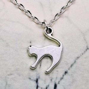 Dainty Arched Kitty Cat Silver Necklace